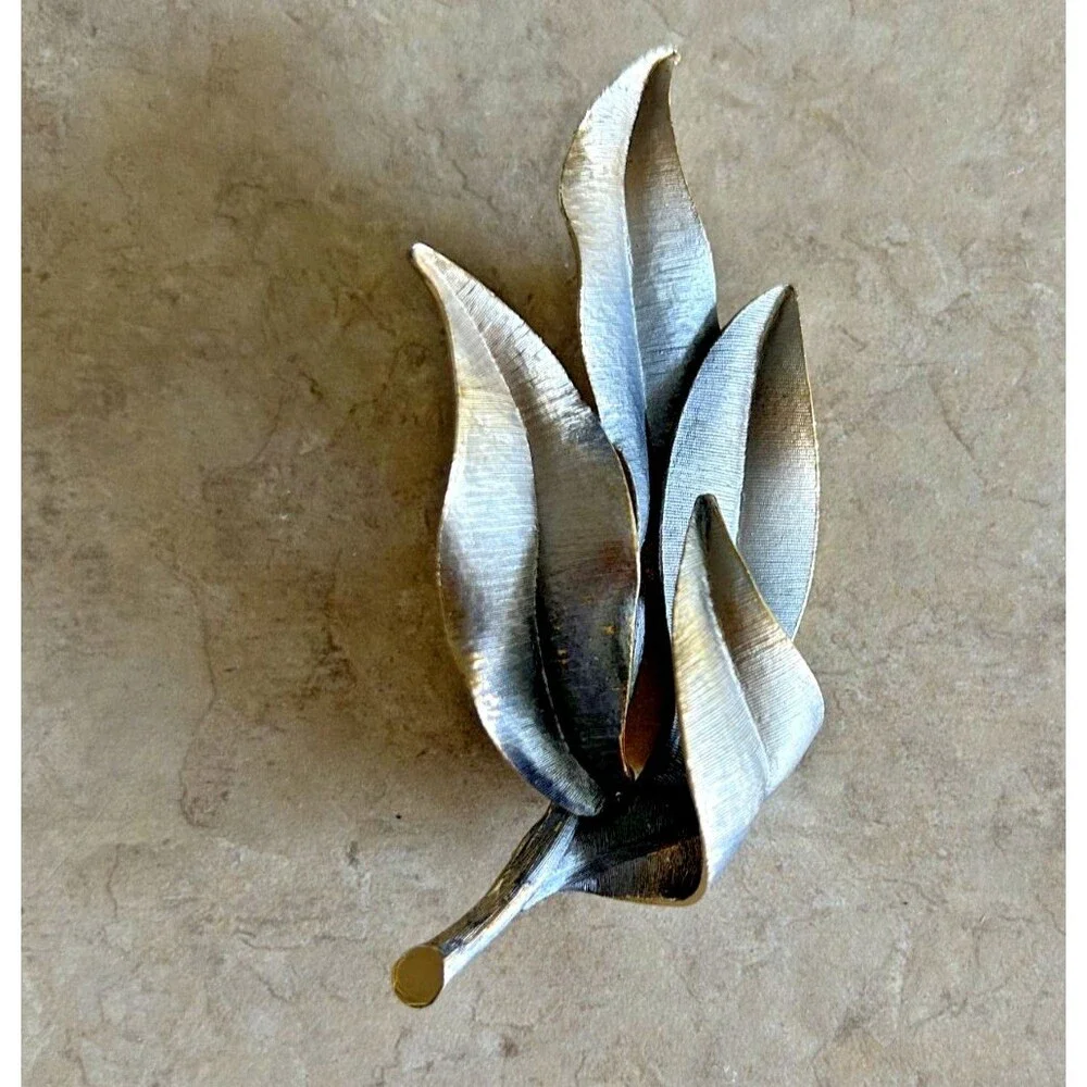 Vintage MCM 1950's Kramer of NY Blue Leaf Brooch w/ Brushed Silver Tone Base